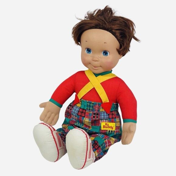 Vintage 1993 Playskool 22" My Buddy Doll Brown Hair Blue Eyes Patchwork Overalls - Picture 1 of 15